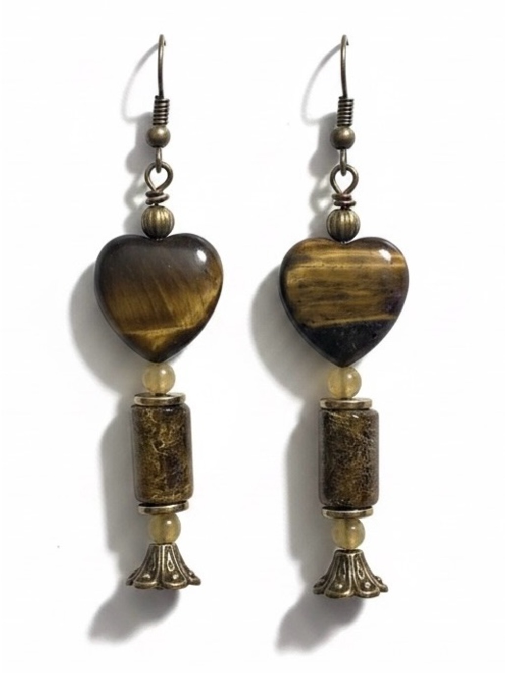 Handmade Tiger’s Eye Heart Drop Earrings